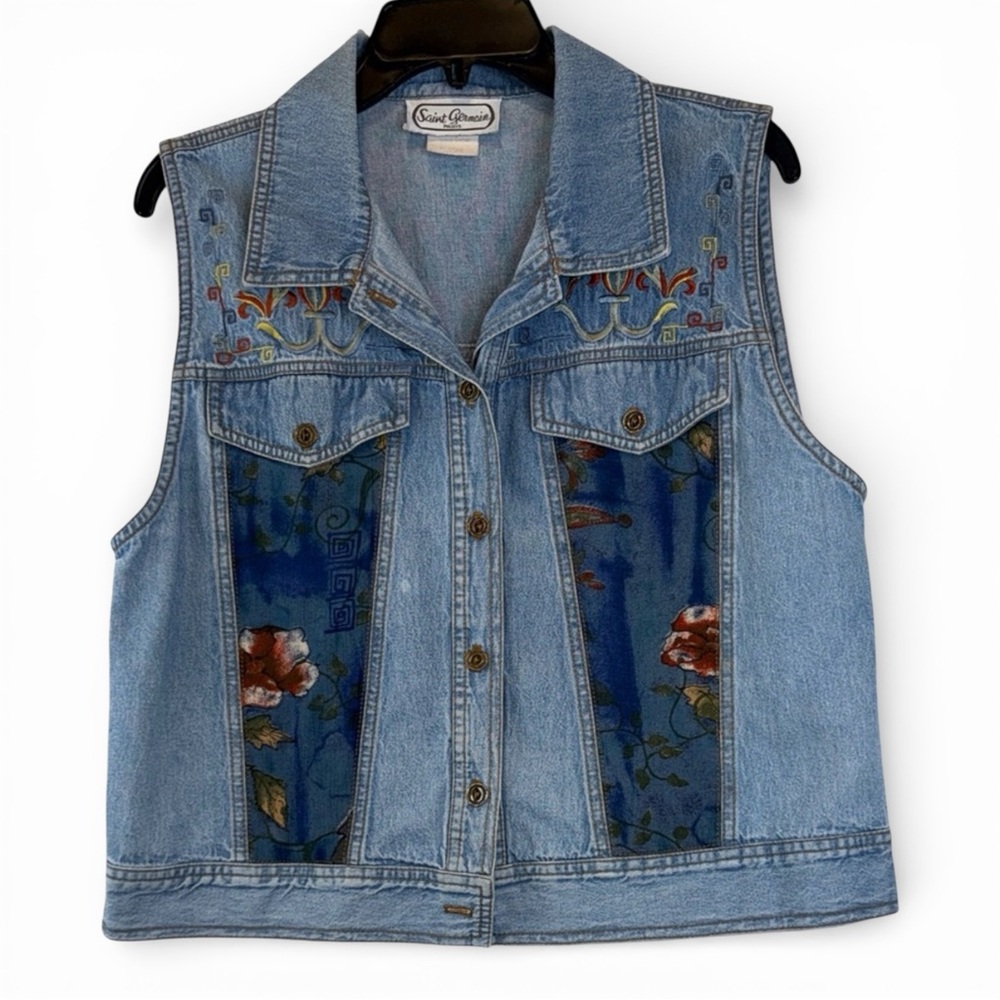 Vintage Saint Germain‎ Paris Denim Vest with Floral Print Panels Size M